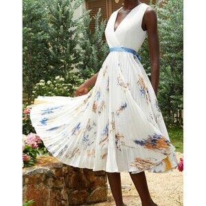 FEHAUTE White Pleated Floral Chiffon V Neck A Line Midi Dress Size 4 NWT